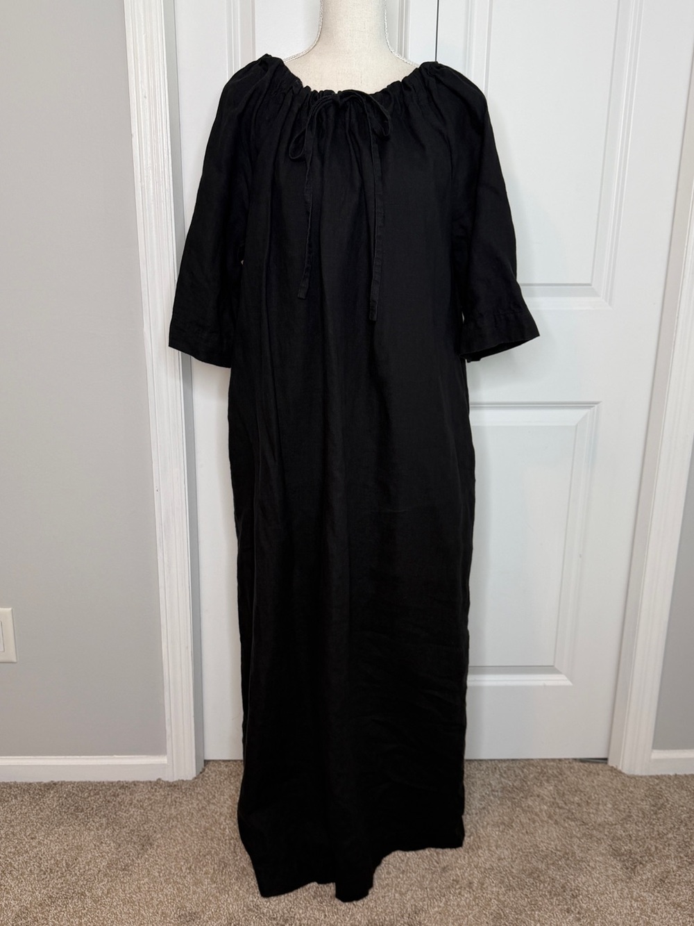 Adeptt Black Linen Maxi Shift Dress Medium Lagenlook Half Sleeve Tie Neck Mature